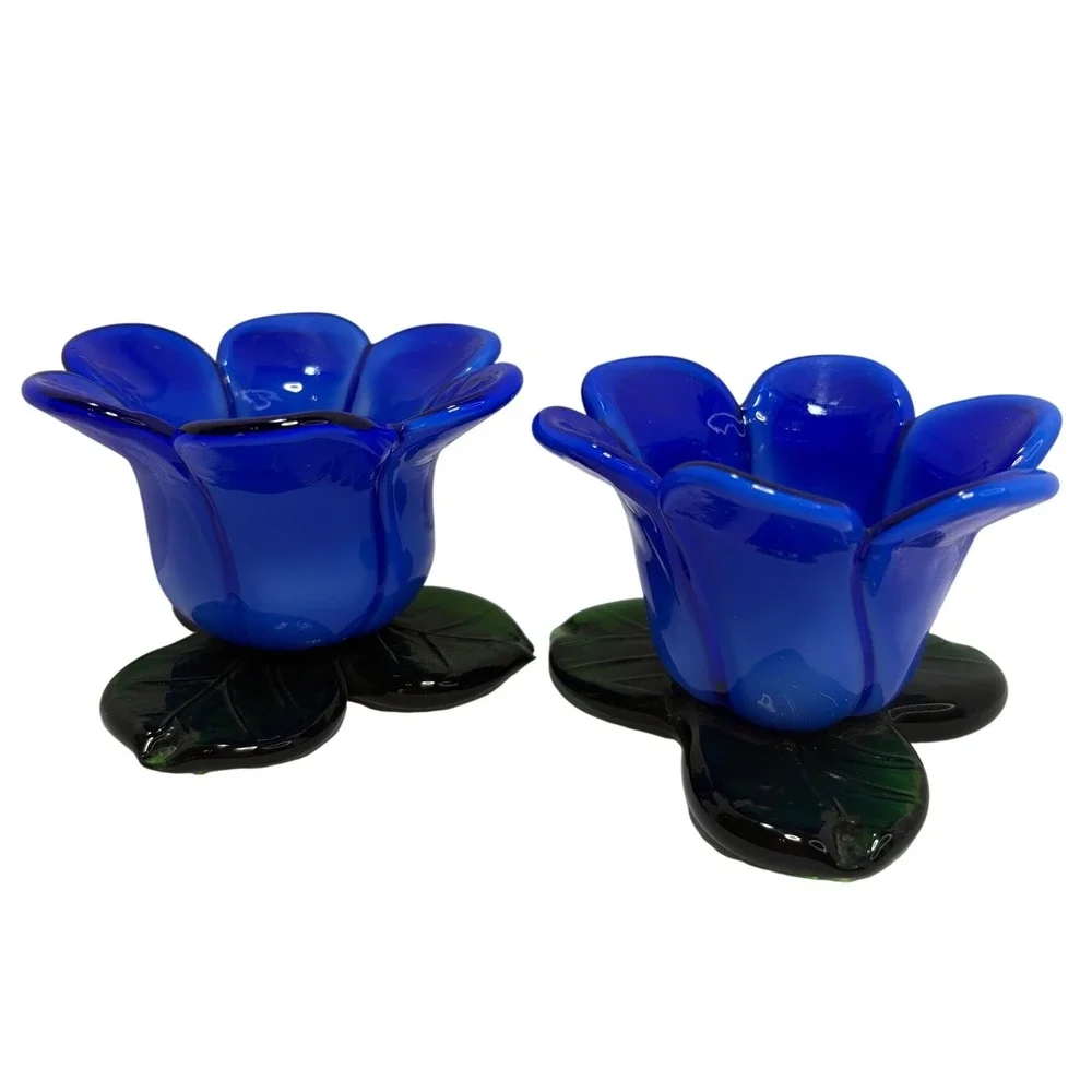 Cobalt Blue Glass Flower Candle Holders Green Leaf Base Set of 2 Vintage